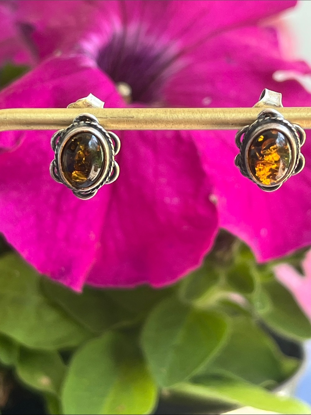Sterling Silver & Baltic Amber Stud Earrings - Picture 3 of 9